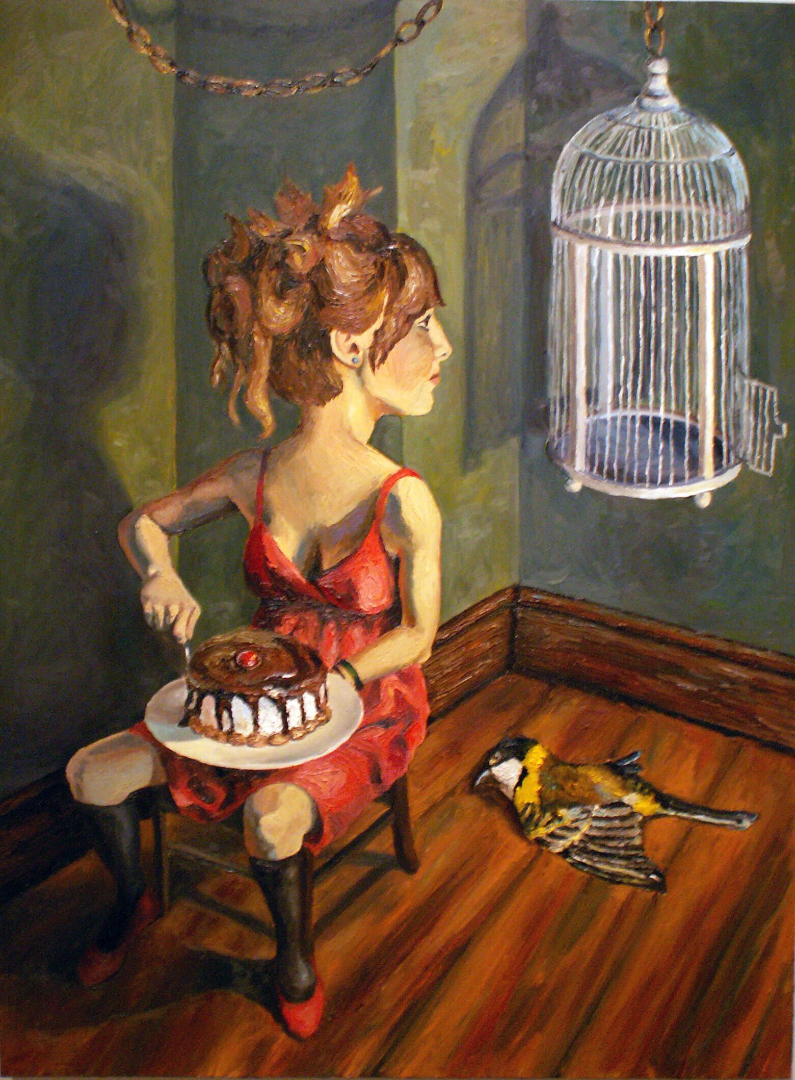 Painting of a woman in a red dress holding a cake while sitting in a chair, looks backwards towards a birdcage. Bird is on the floor.